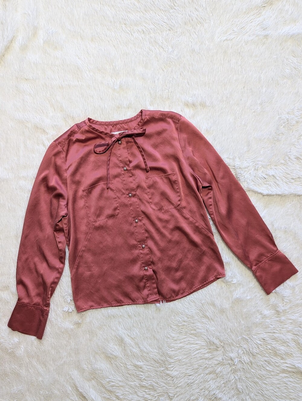 Vintage Talbots 100% Pure Silk Rose Pink Faux Pearl Button Up Blouse 10